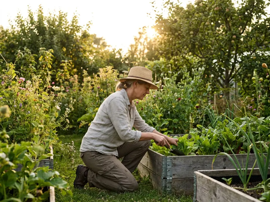 Tending raised vegetable beds in a back garden in the late afternoon