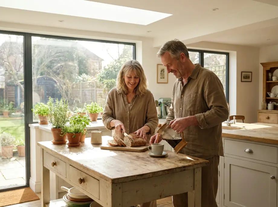 A couple preparing breakfast together in a bright kitchen