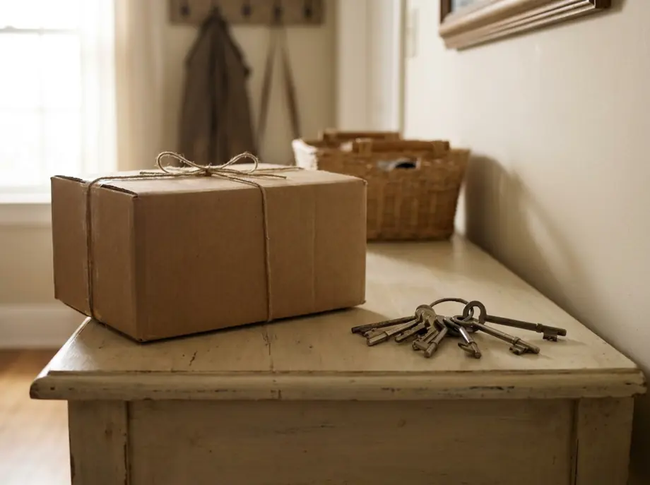 A plain unmarked parcel on a hall table